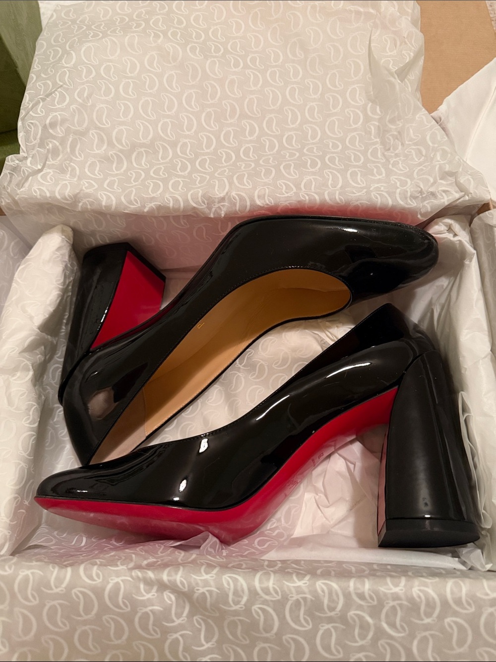 Christian Louboutin Black Patent Block Heel Pumps with Red Sole